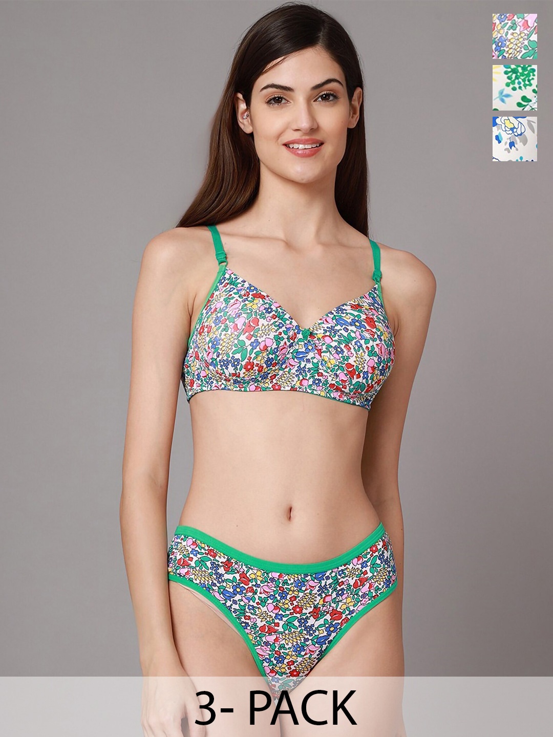 

PIBU Pack Of 3 Floral Printed Cotton Lightly Padded Bra & Mid-Rise Brief, Green