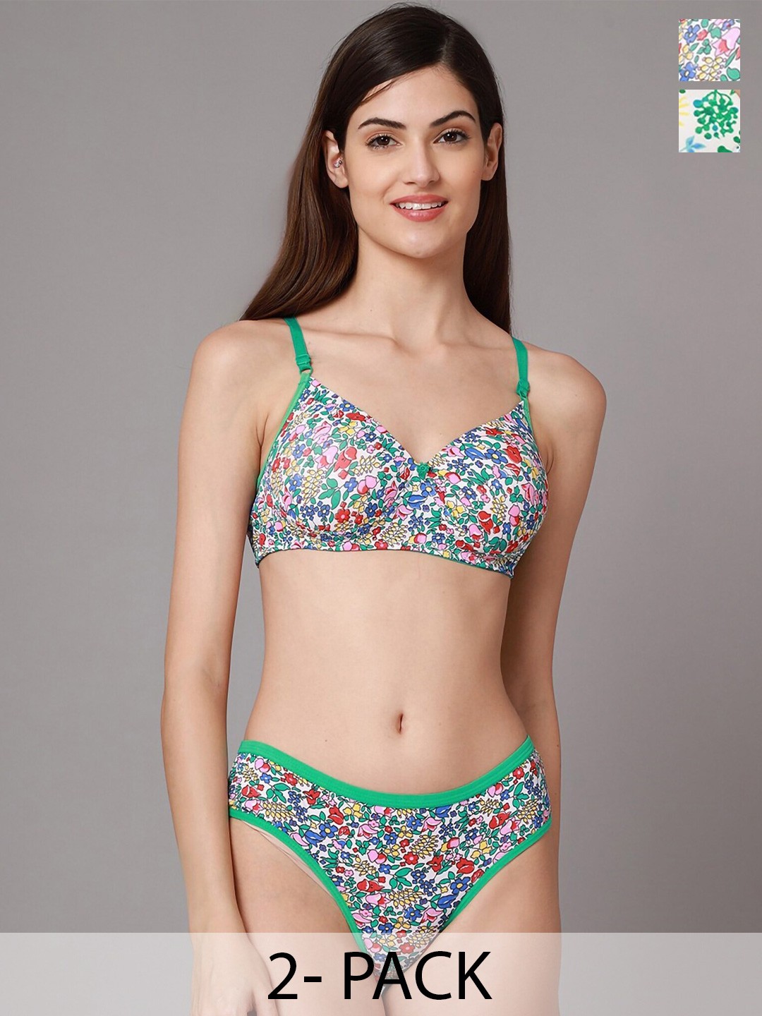 

PIBU Pack of 2 Printed Cotton Basic Lingerie Set F_Riopd Set2, Green