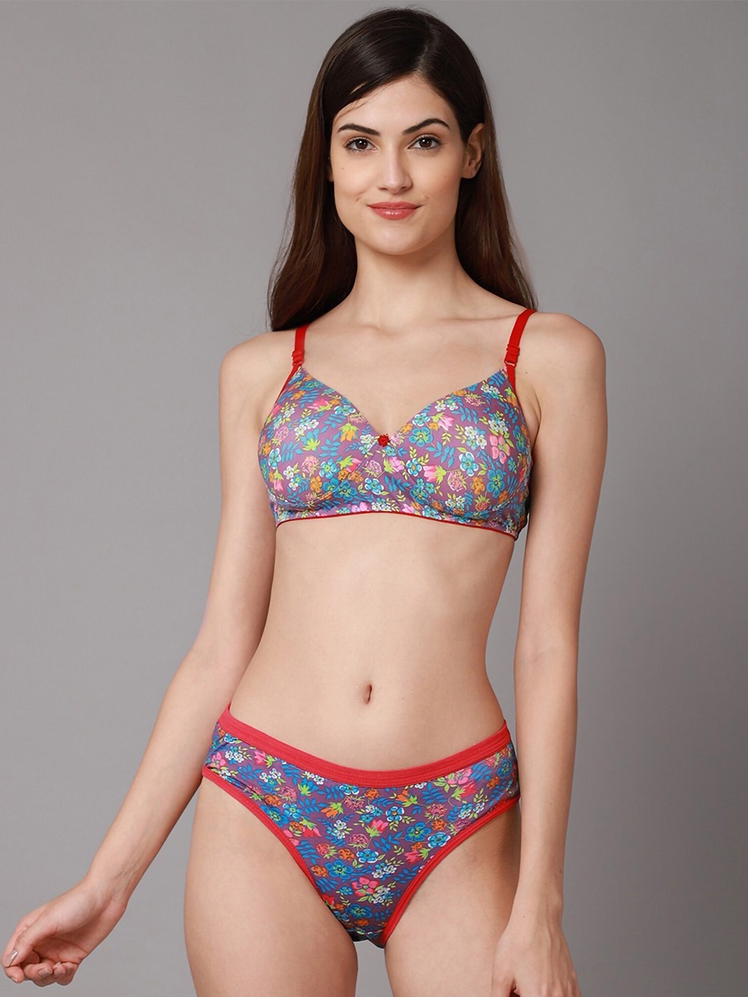 

PIBU Floral Printed Cotton Lightly Padded Bra & Mid-Rise Brief, Red