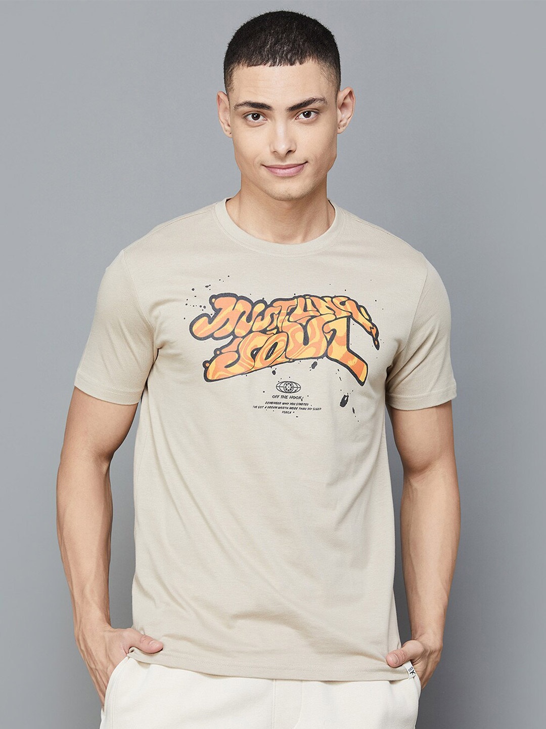 

Forca by Lifestyle Typography Printed Slim Fit Cotton T-shirt, Beige
