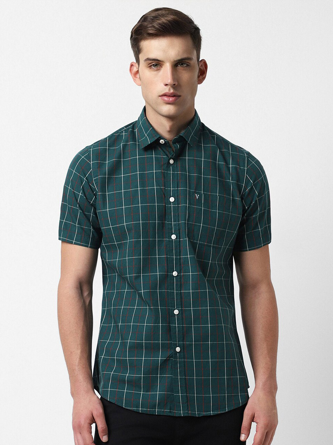 

Van Heusen Sport Checked Spread Collar Short Sleeves Cotton Slim Fit Casual Shirt, Green