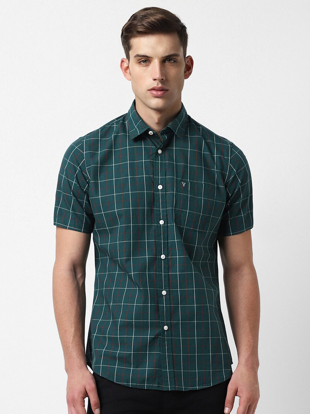 

Van Heusen Sport Checked Spread Collar Short Sleeves Cotton Slim Fit Casual Shirt, Green