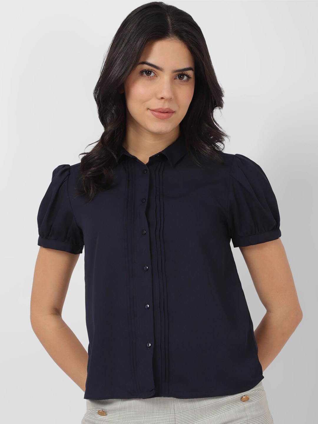 

Van Heusen Woman Spread Collar Short Puff Sleeves Casual Shirt, Navy blue