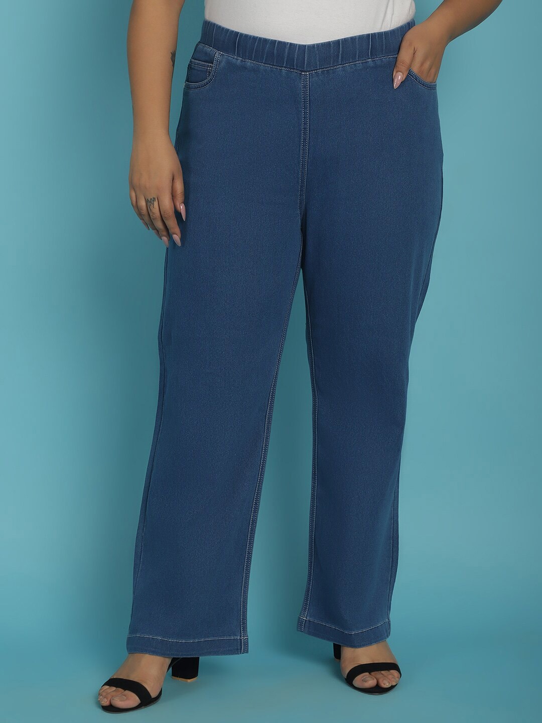 

theRebelinme Plus Size Women Smart Straight Fit High-Rise Denim Trouser, Blue