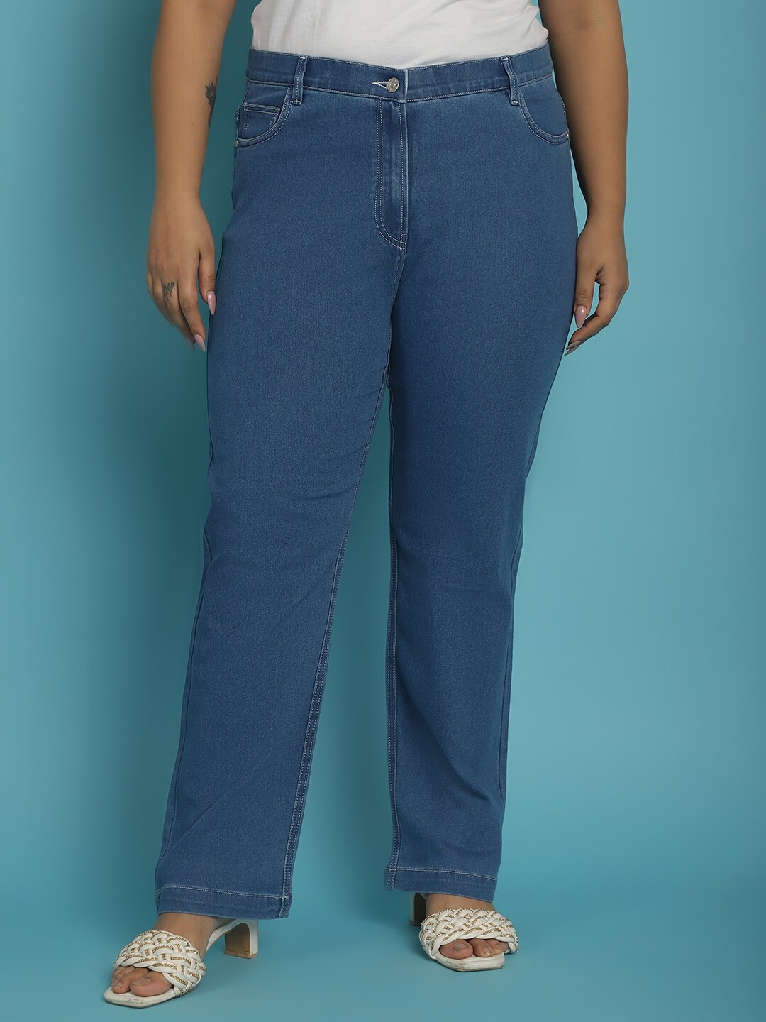 

theRebelinme Plus Size Women Smart Straight Fit High-Rise Denim Trouser, Blue