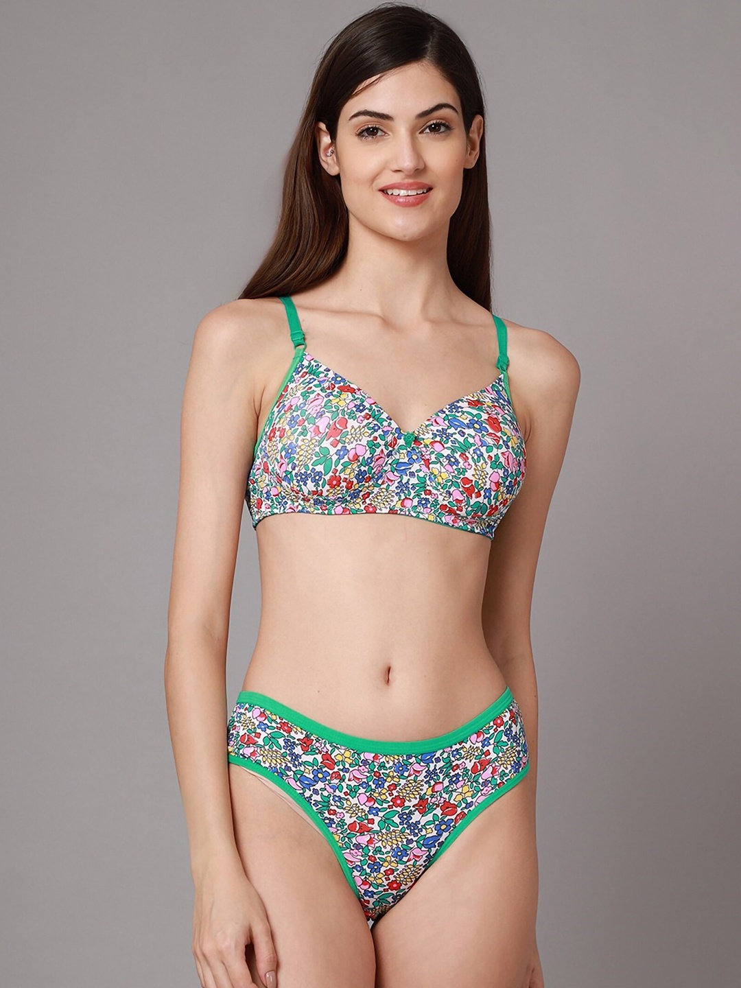 

AROUSY Floral Printed Cotton Lightly Padded Bra & Mid-Rise Brief, Green