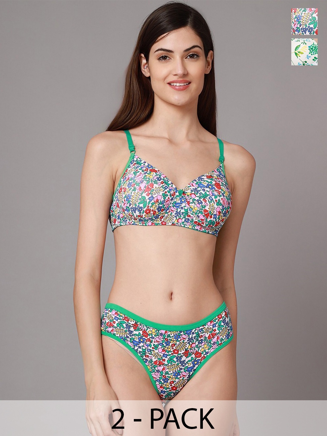 

AROUSY Pack Of 2 Floral Printed Cotton Lightly Padded Bra & Mid-Rise Brief, Green