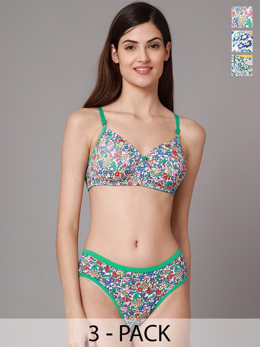 

AROUSY Pack Of 3 Floral Printed Cotton Lightly Padded Bra & Mid-Rise Brief, Green