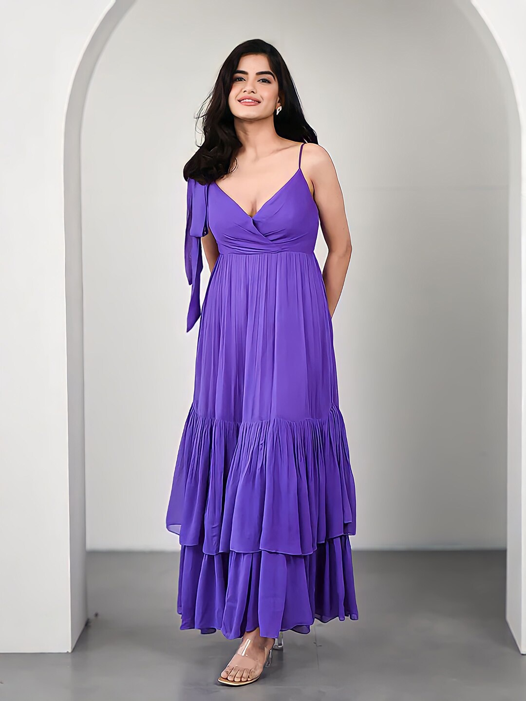 

KALINI Shoulder Straps Georgette Flared Maxi Dress, Purple