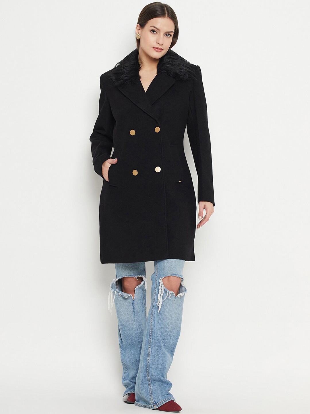 

Okane Notched Lapel Double-Breasted Overcoat, Black