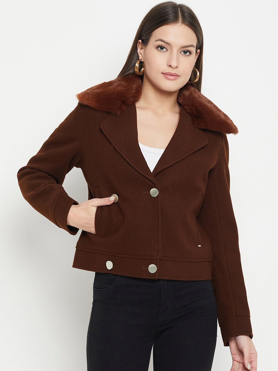 

Okane Notched Lapel Long Sleeves Double Breasted Faux Fur Trim Peacoat, Coffee brown