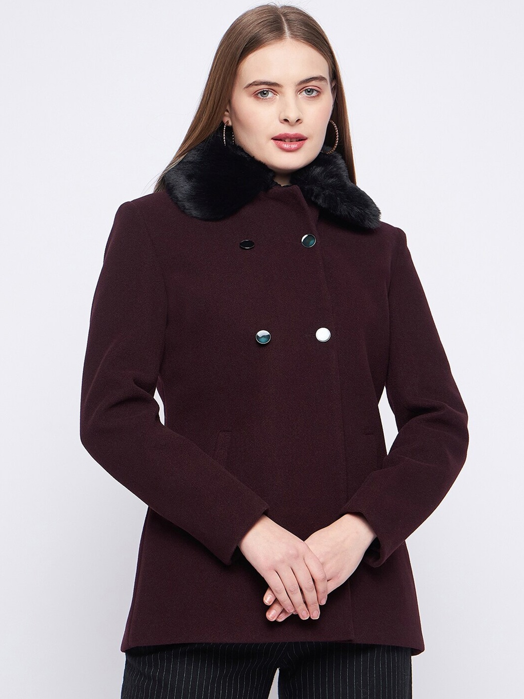 

Okane Double Breasted Faux Fur Trim Overcoat, Burgundy