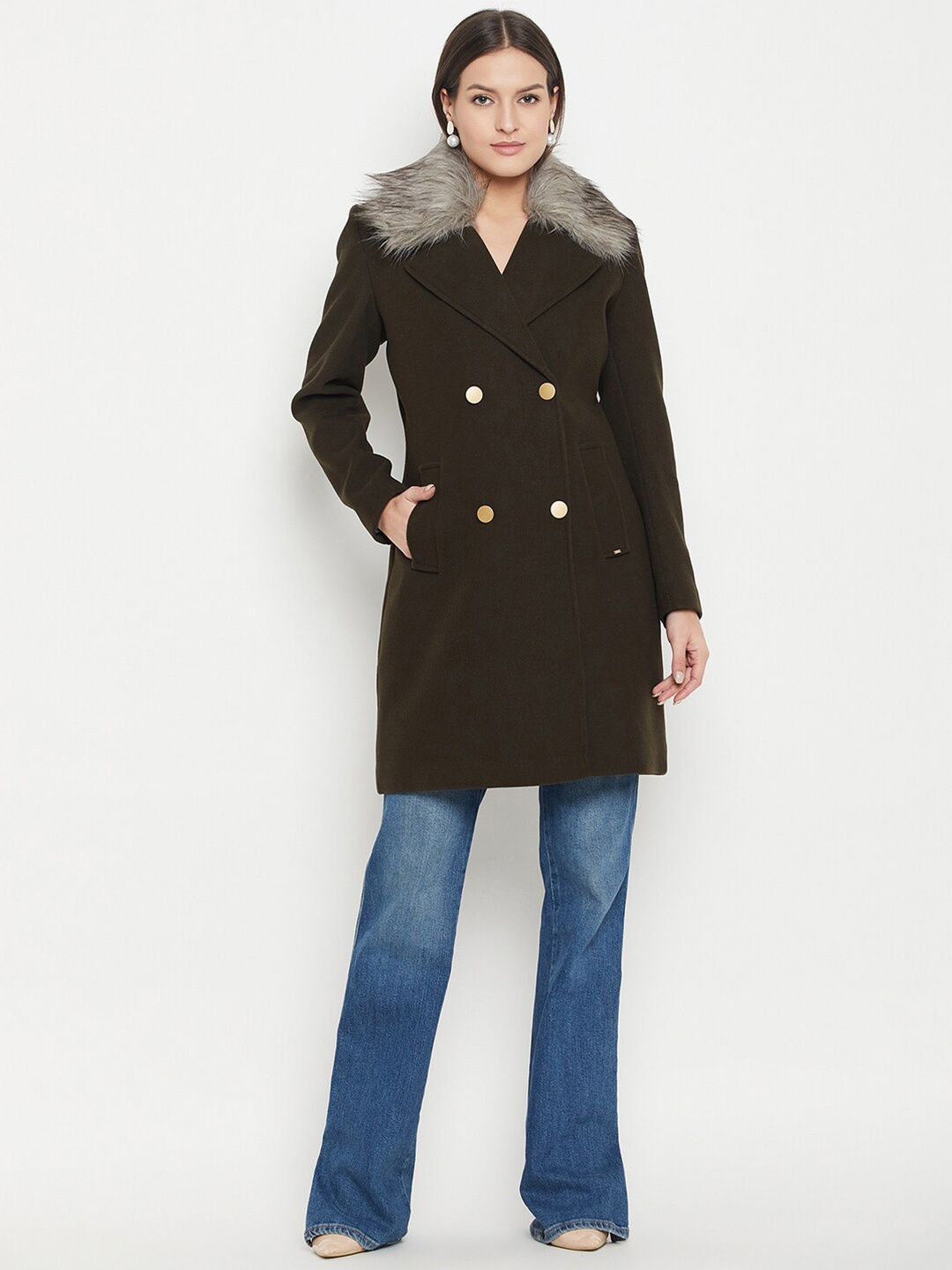 

Okane Spread Collar Double-Breasted Overcoat, Olive