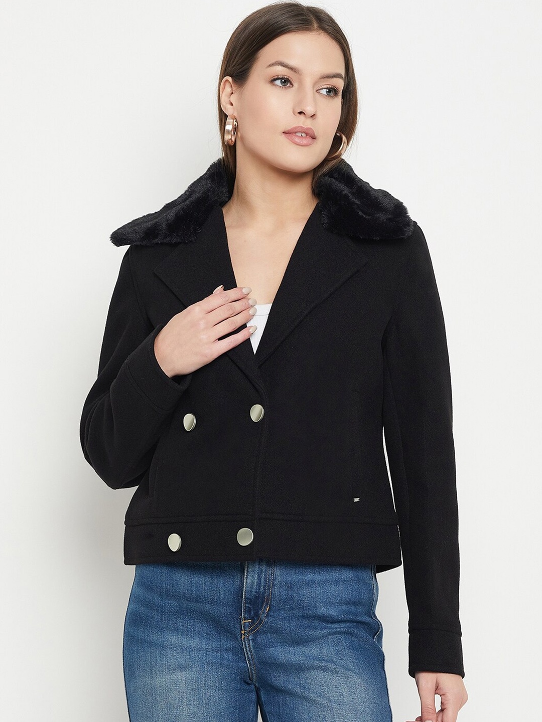

Okane Notched Lapel Long Sleeves Double Breasted Faux Fur Trim Peacoat, Navy blue