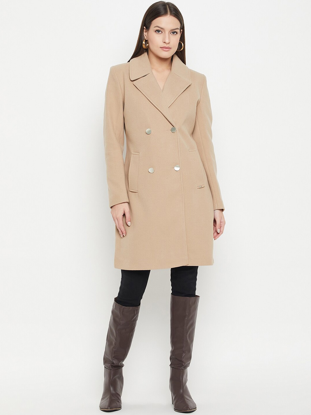 

Okane Notched Lapel Double Breasted Overcoat, Beige