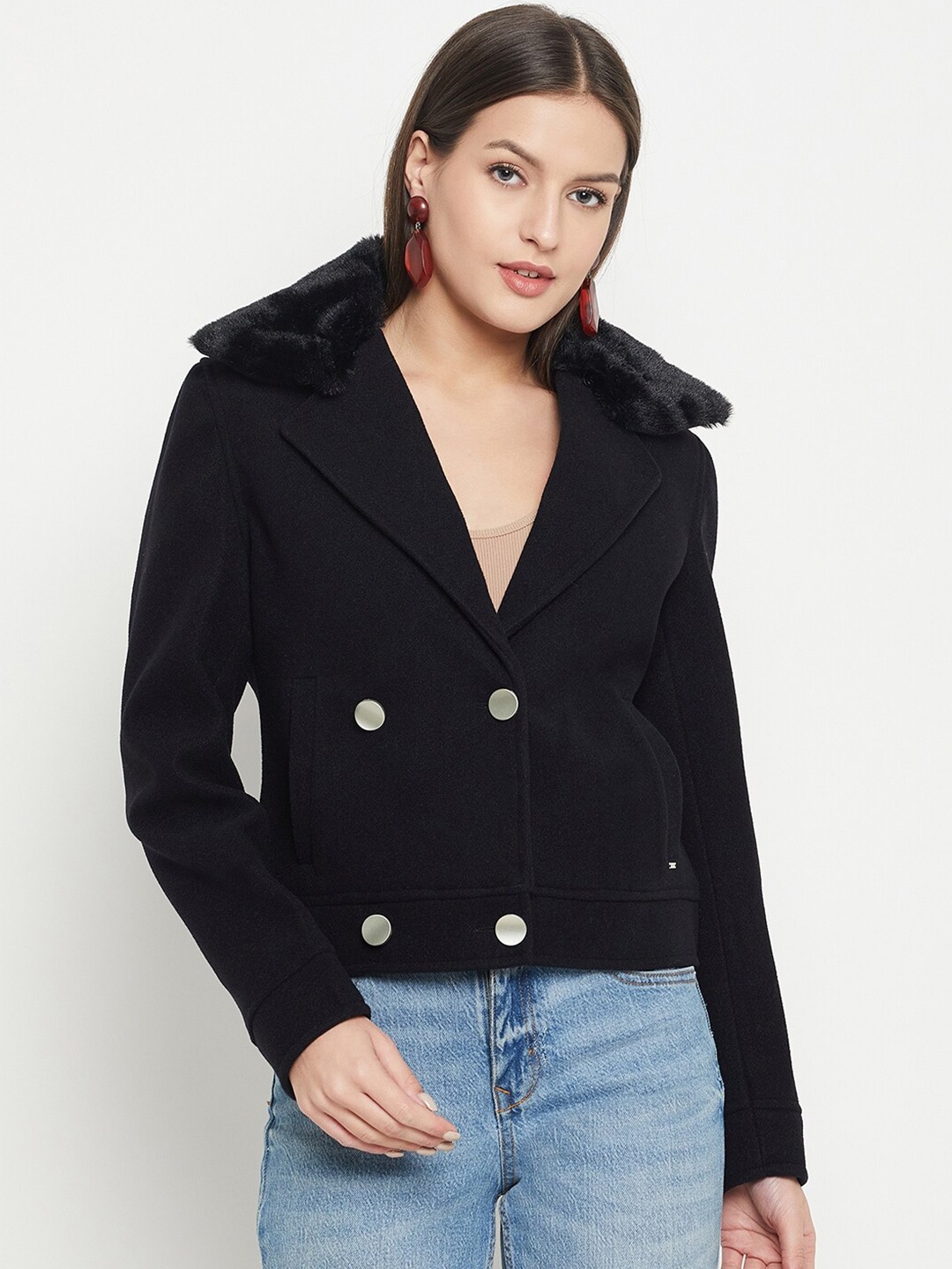 

Okane Notched Lapel Long Sleeves Double Breasted Faux Fur Trim Peacoat, Black