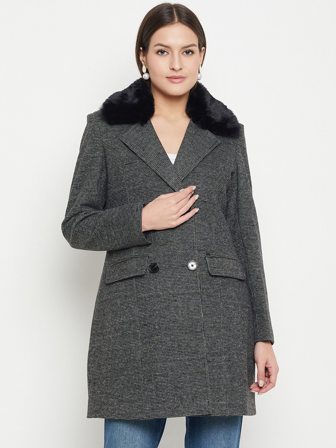 

Okane Faux Fur Trim Notched Lapel Collar Double-Breasted OverCoat, Black