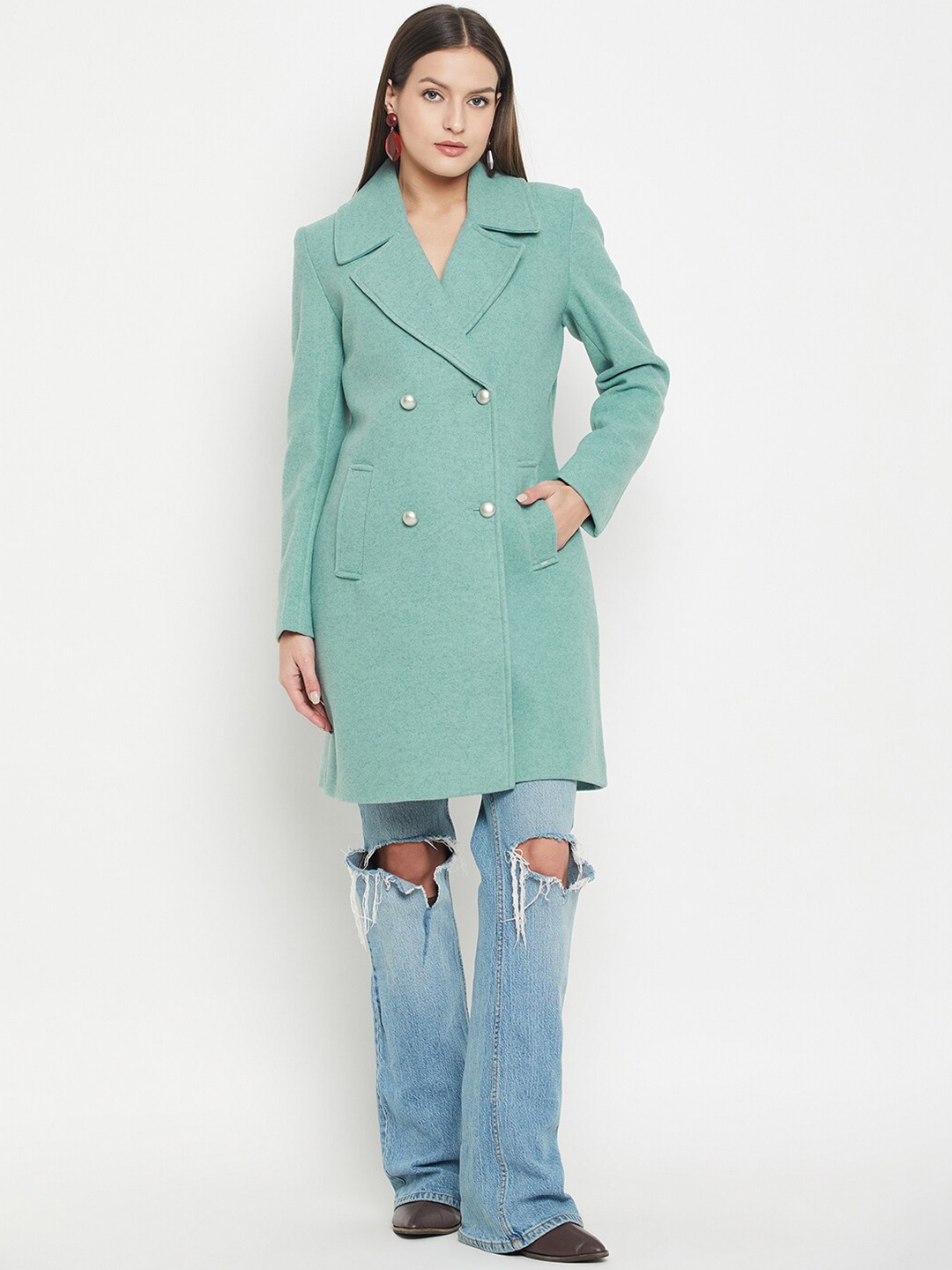 

Okane Notched Lapel Collar Double-Breasted Overcoat, Green