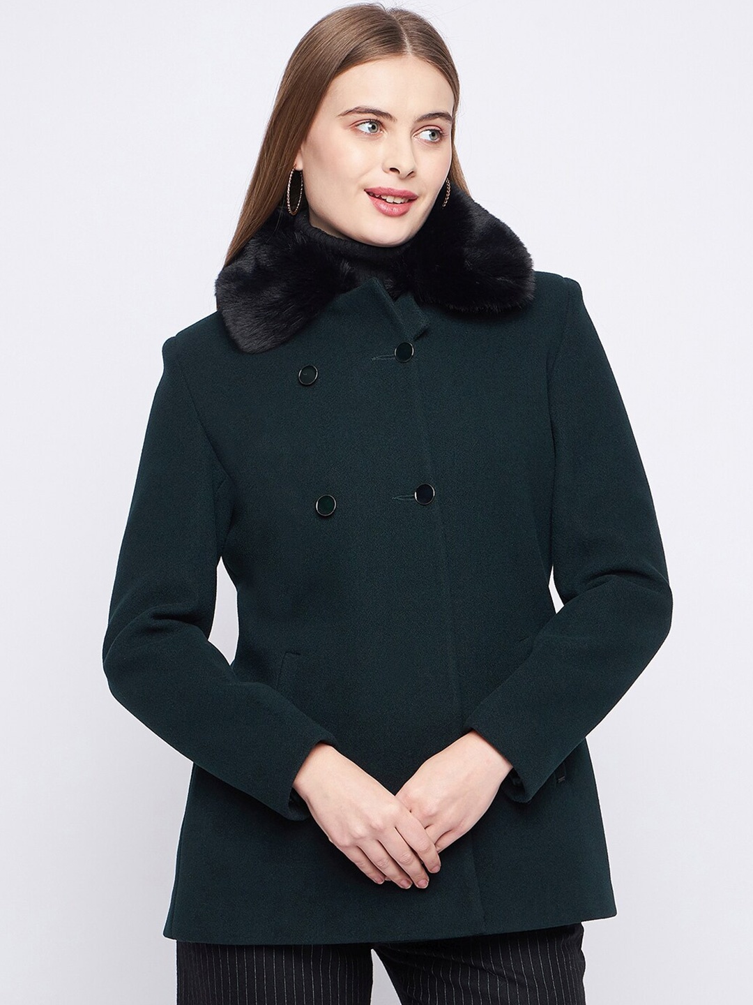 

Okane Faux Fur Trim Double Breasted Trench Coat, Green