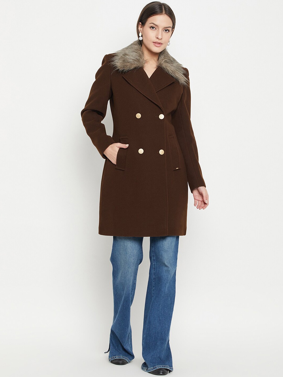 

Okane Spread Collar Double-Breasted Overcoat, Coffee brown
