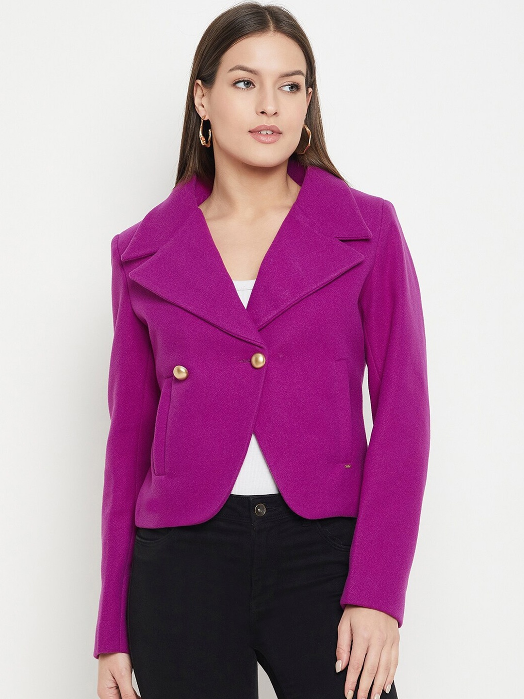 

Okane Notched Lapel Long Sleeves Double Breasted Peacoat, Pink