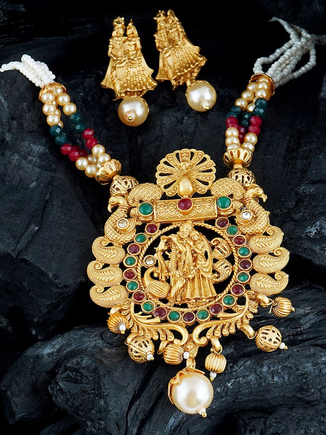 

MANSIYAORANGE Gold-Plated Stone-Studded & Beaded Jewellery Set