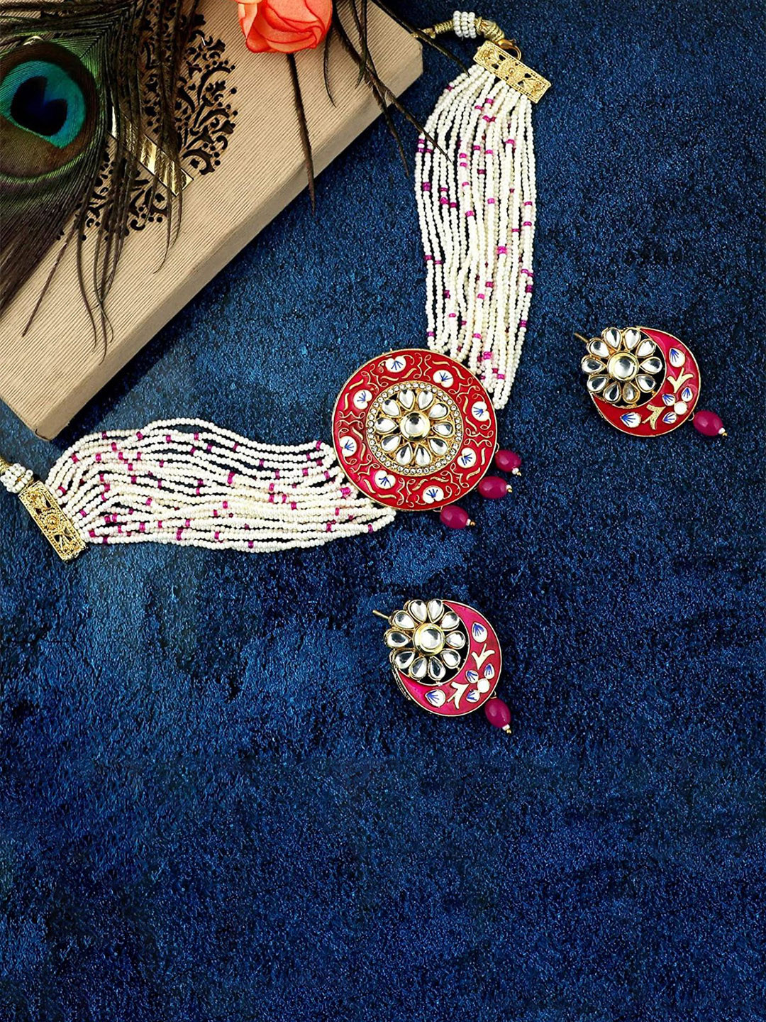 

MANSIYAORANGE Gold-Plated AD Stone-Studded & Beaded Jewellery Set