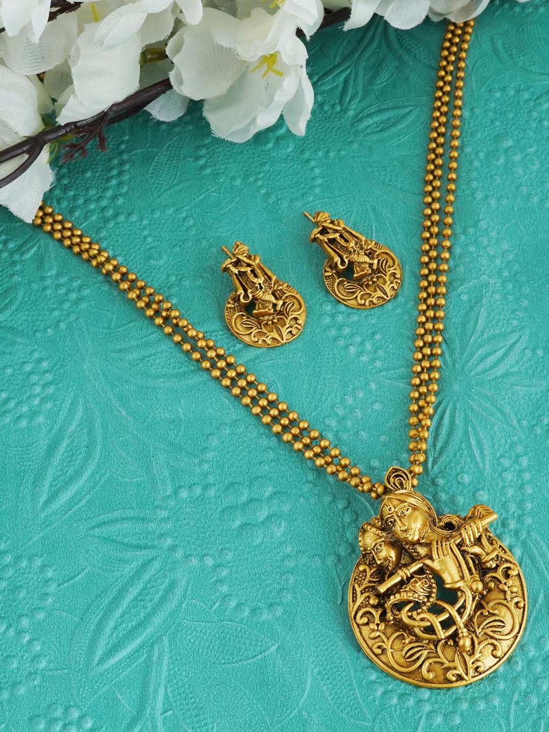 

MANSIYAORANGE Gold-Plated Radha Krishna With Bansuri Motif Jewellery Set