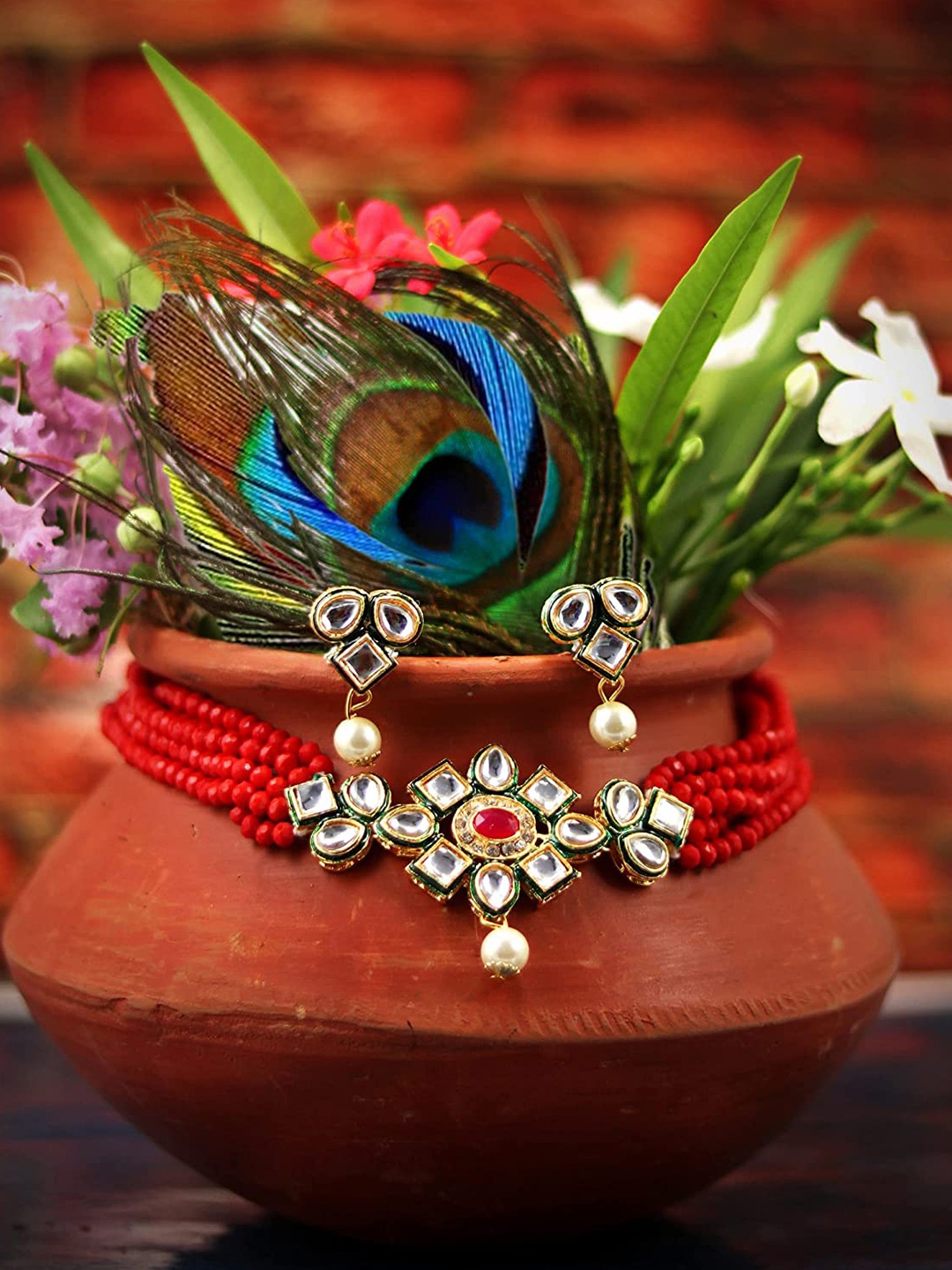 

MANSIYAORANGE Gold-Plated American Diamond Kundan Studded Jewellery Set