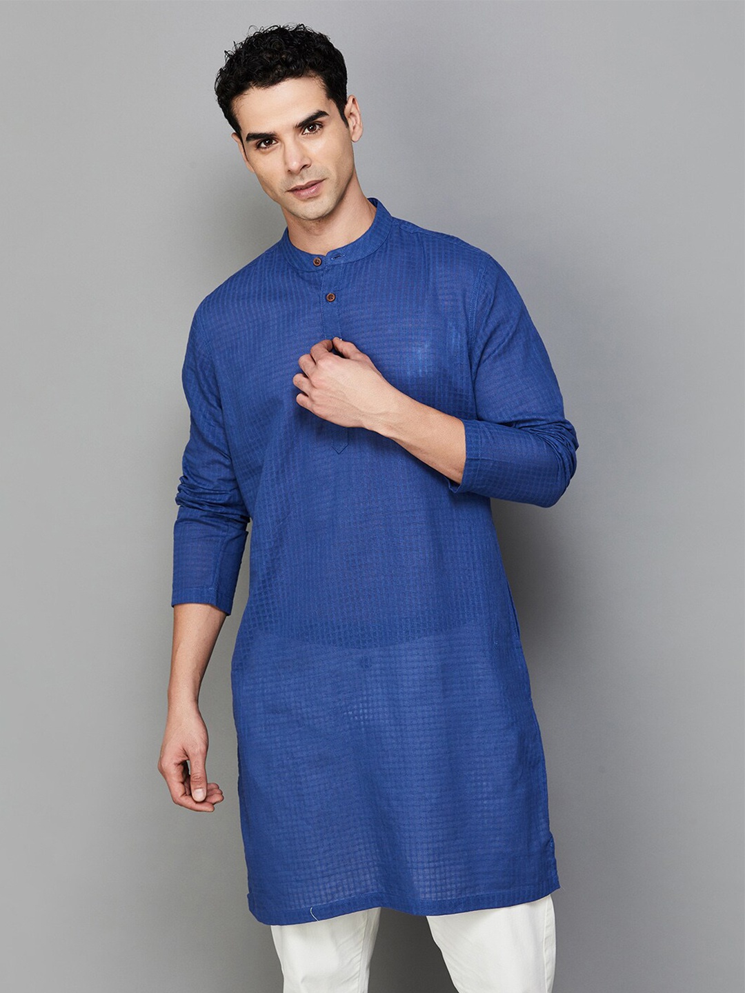 

Melange by Lifestyle Woven Designed Band Collar Cotton Straight Kurta, Blue