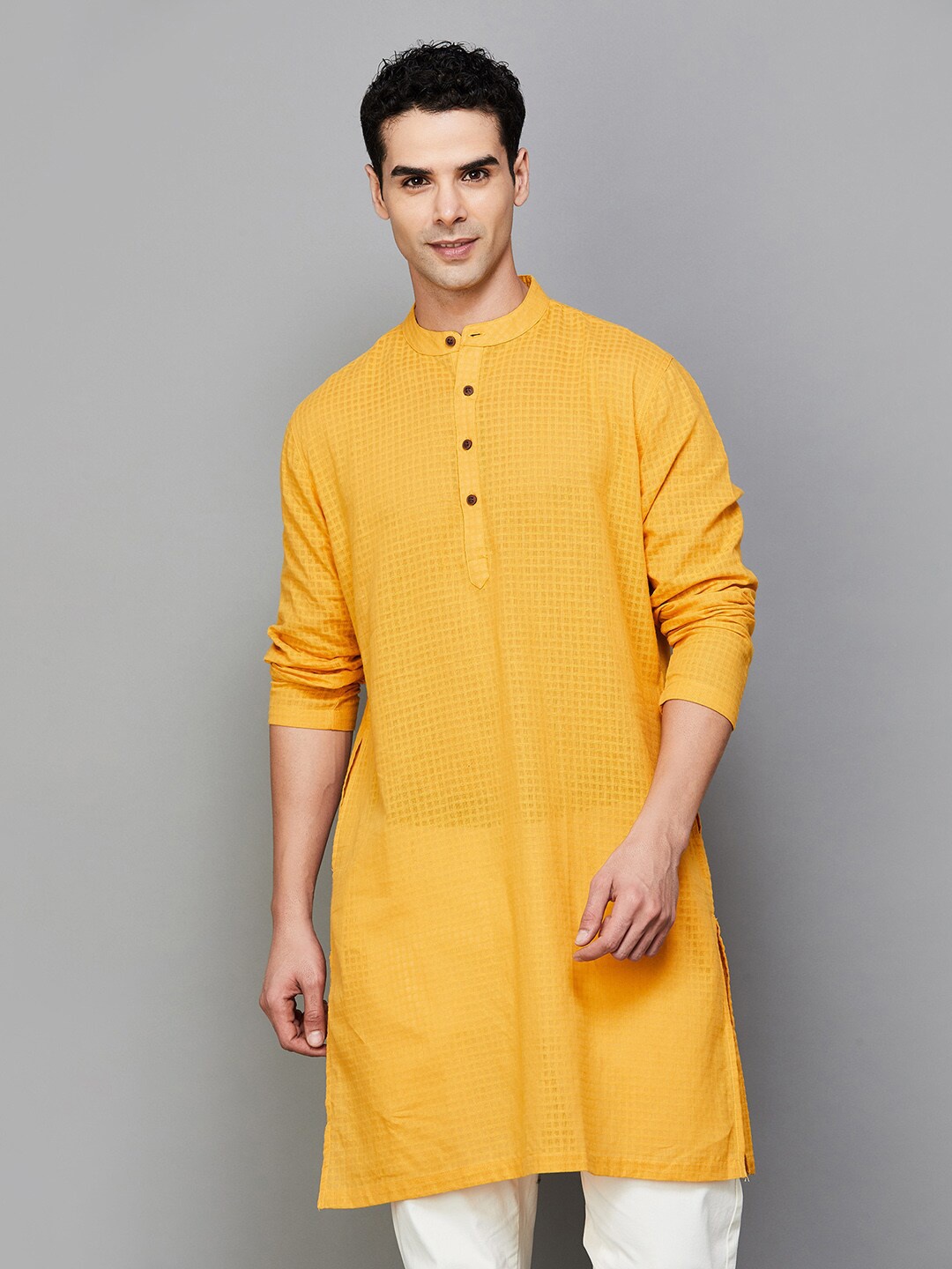 

Melange by Lifestyle Woven Designed Band Collar Cotton Straight Kurta, Yellow