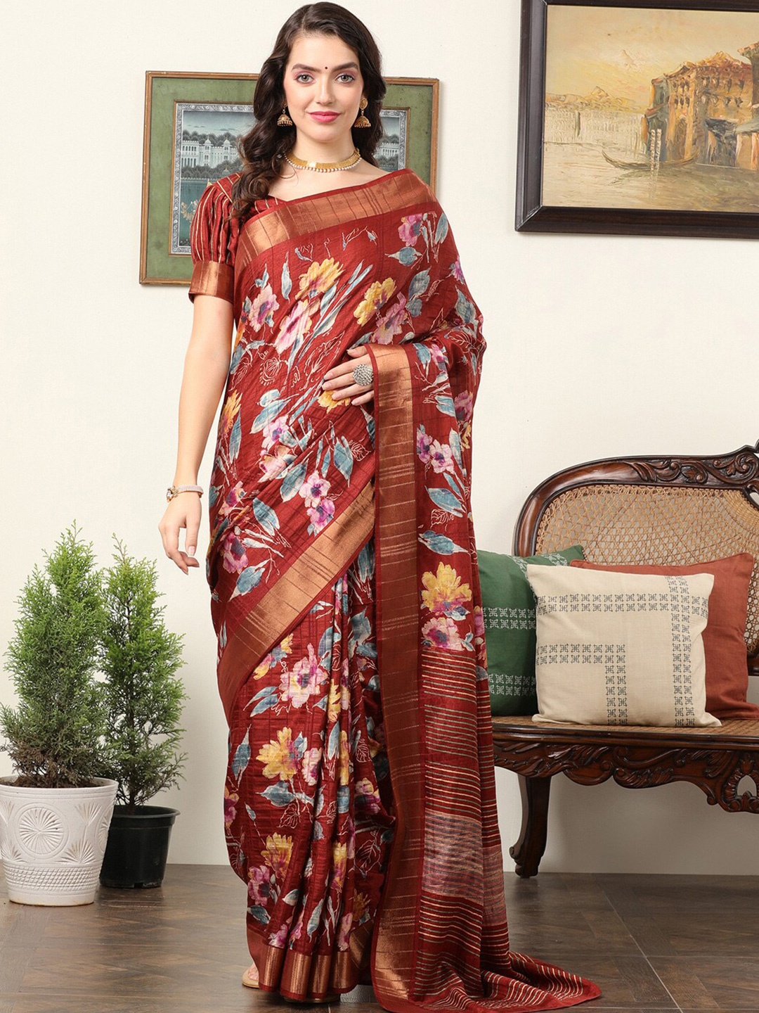 

Mitera Floral Zari Silk Sungudi Saree, Rust