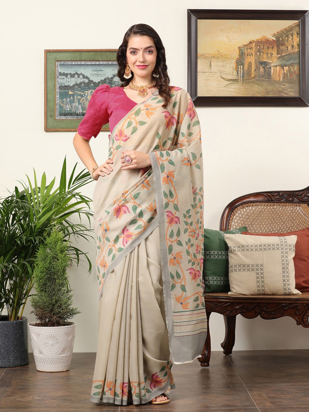 

Mitera Chanderi Cotton Floral Bagru Saree, Beige