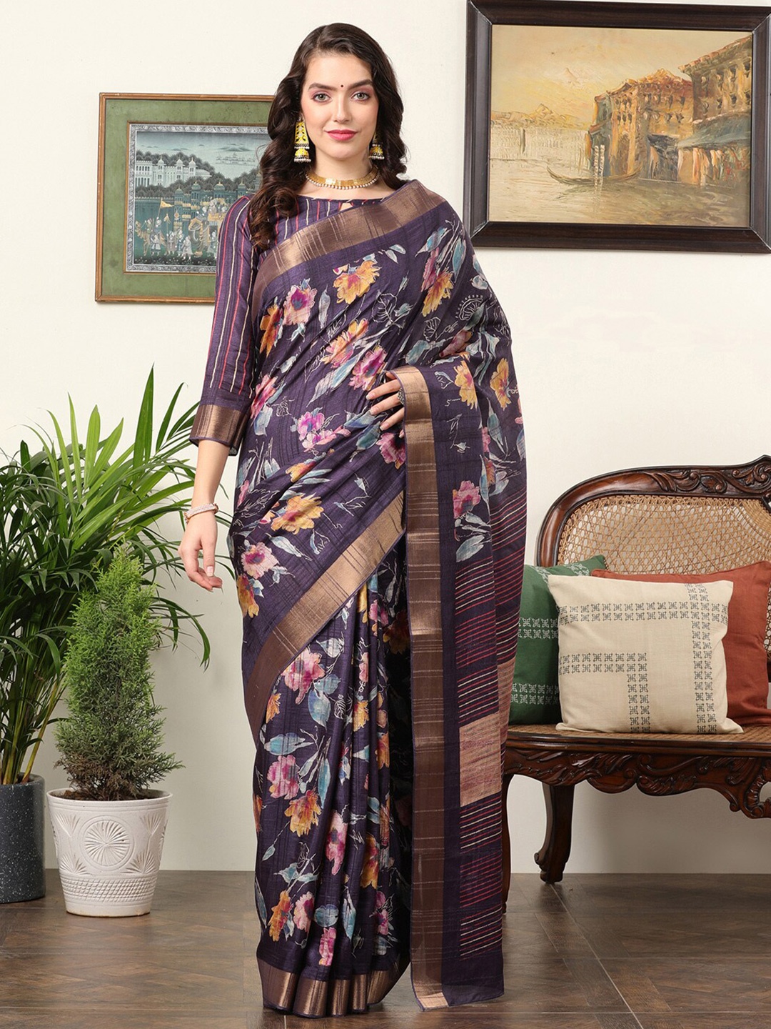 

Mitera Floral Zari Silk Sungudi Saree, Purple