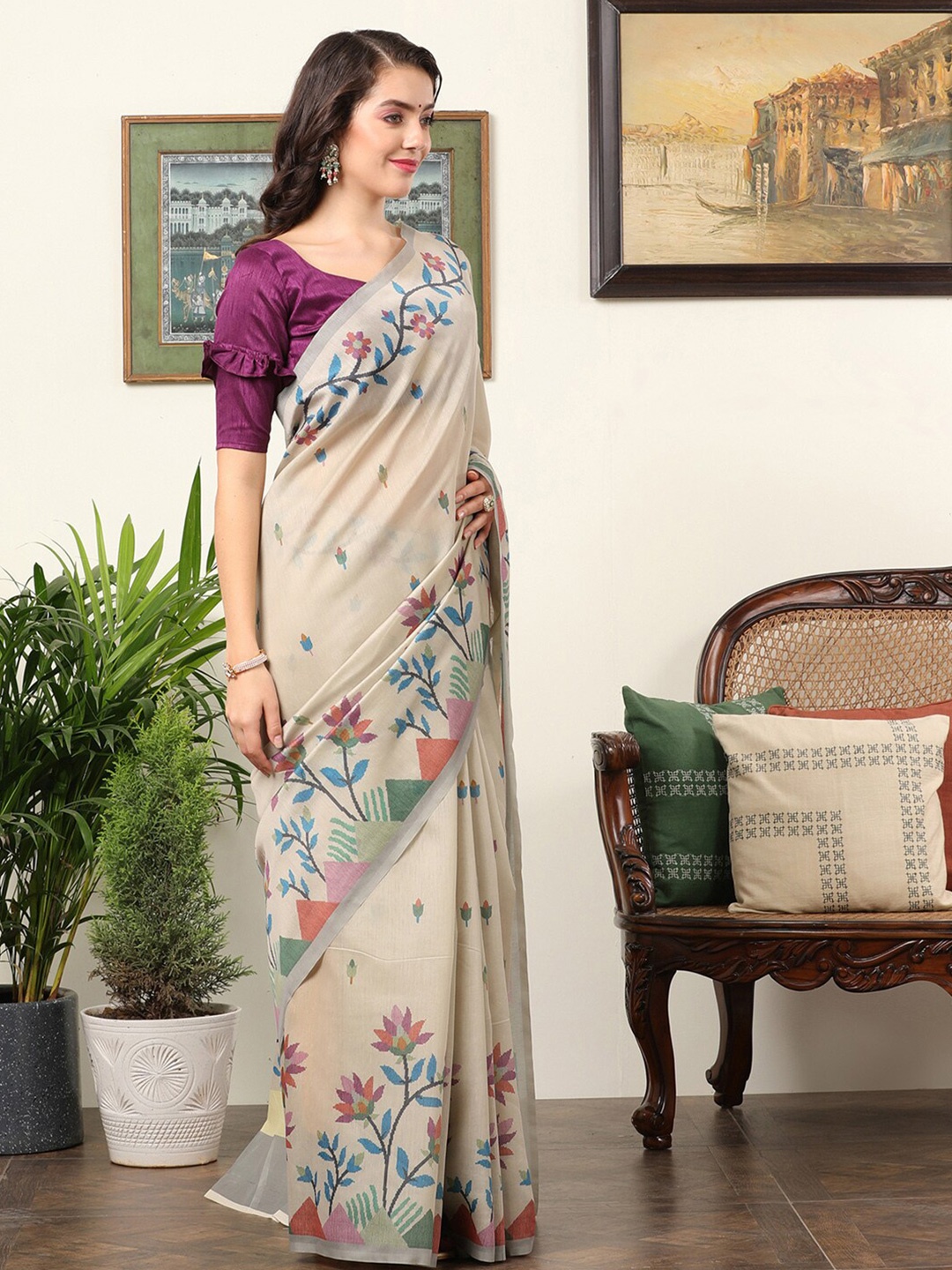 

Mitera Floral Printed Bagru Saree, Beige