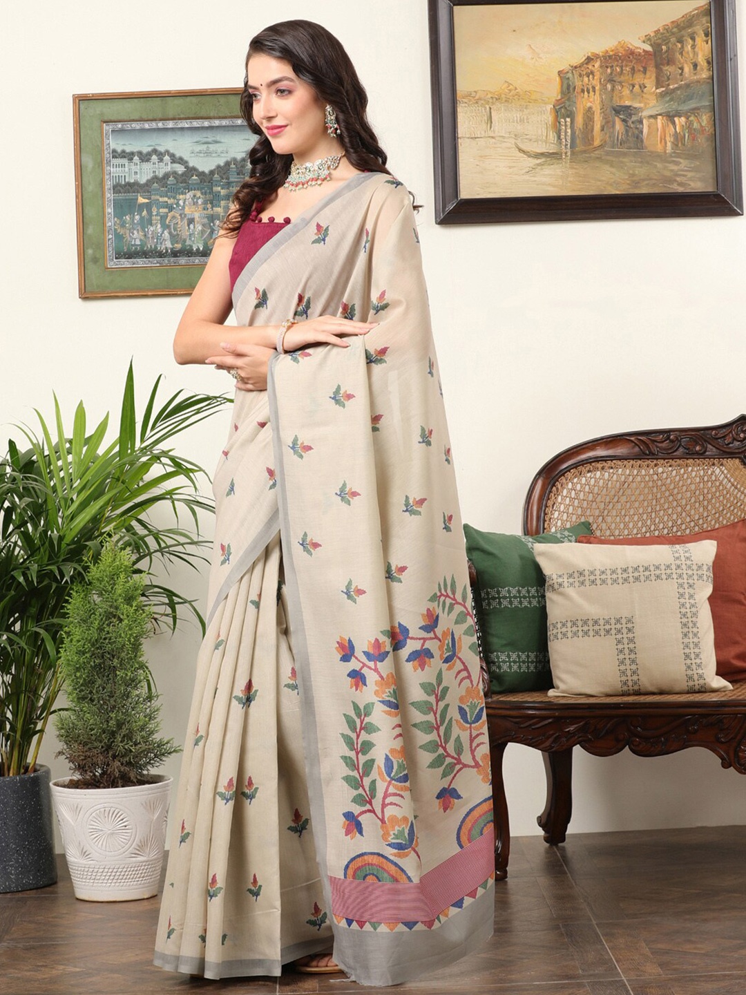 

Mitera Beige & Green Floral Bagru Saree