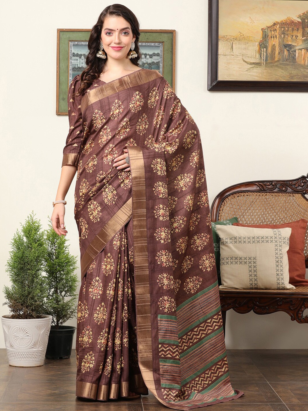 

Mitera Brown & Green Bagh Zari Sungudi Saree