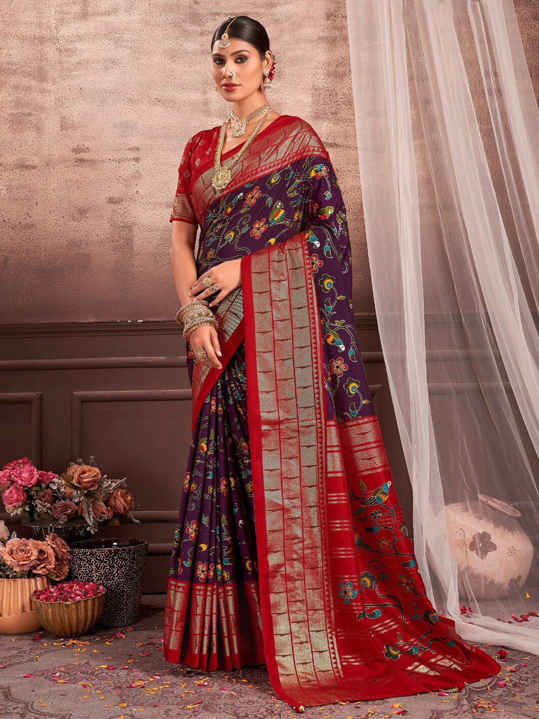 

Mitera Floral Zari Silk Bagru Saree, Purple