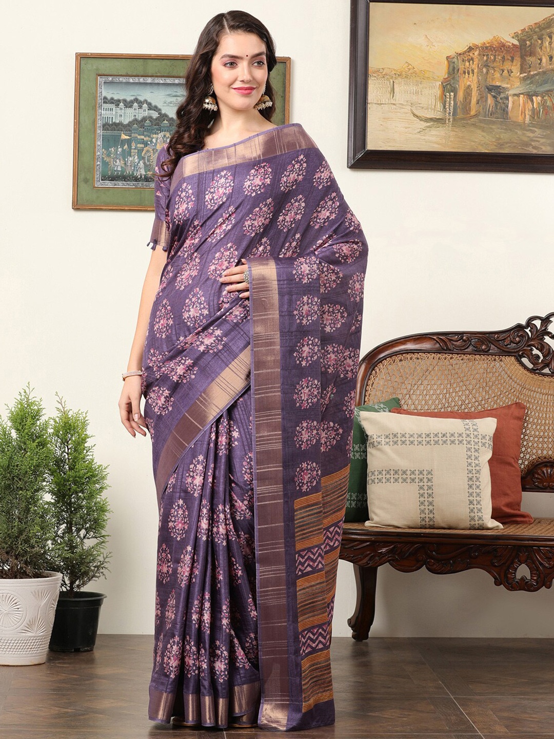 

Mitera Ethnic Motifs Zari Silk Sungudi Saree, Violet