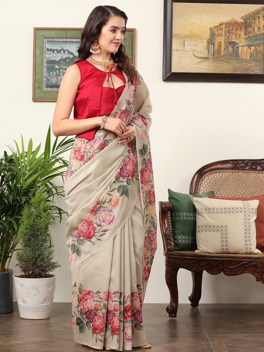 

Mitera Chanderi Cotton Floral Bagru Saree, Beige