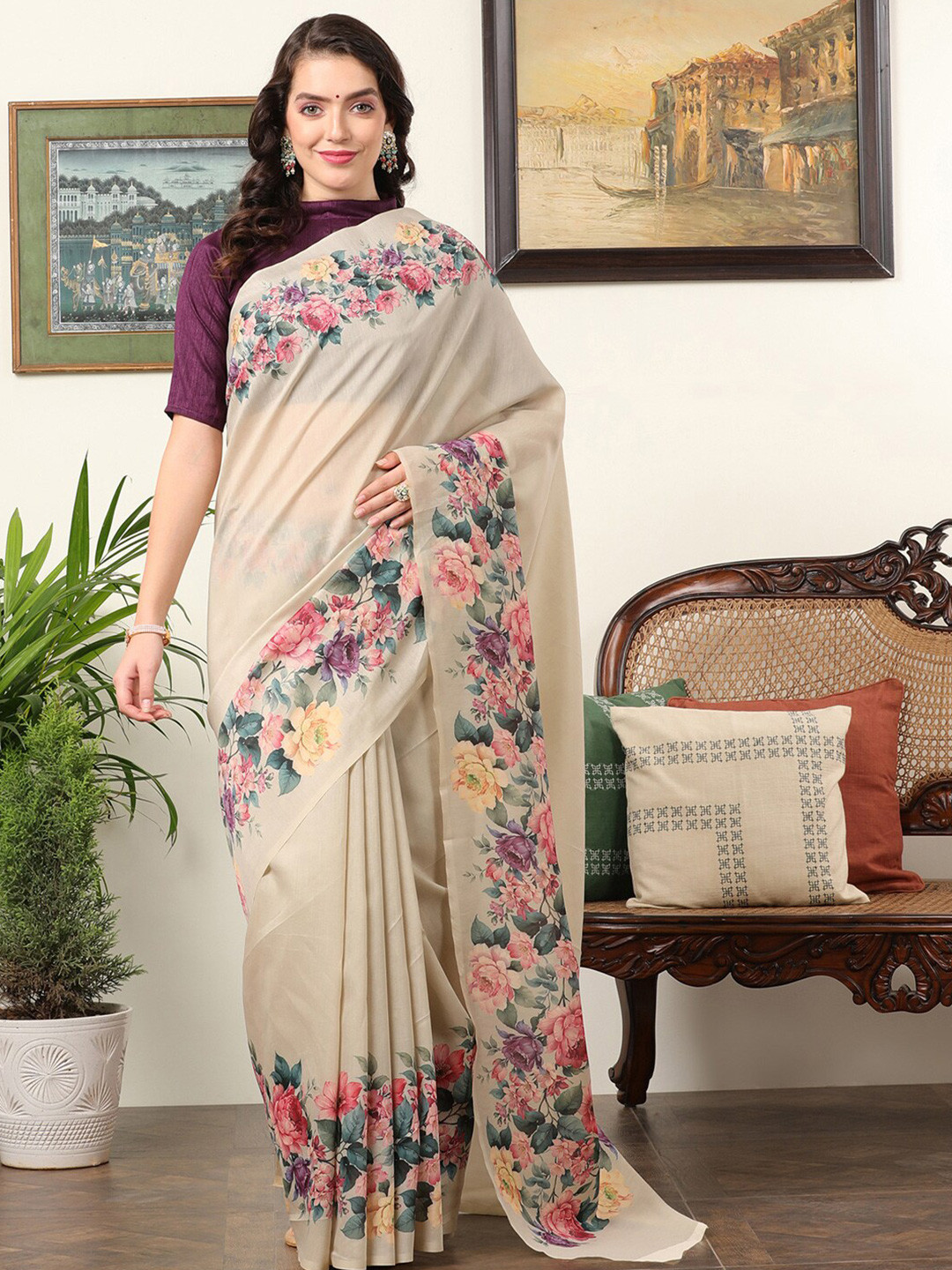 

Mitera Chanderi Cotton Floral Bagru Saree, Beige