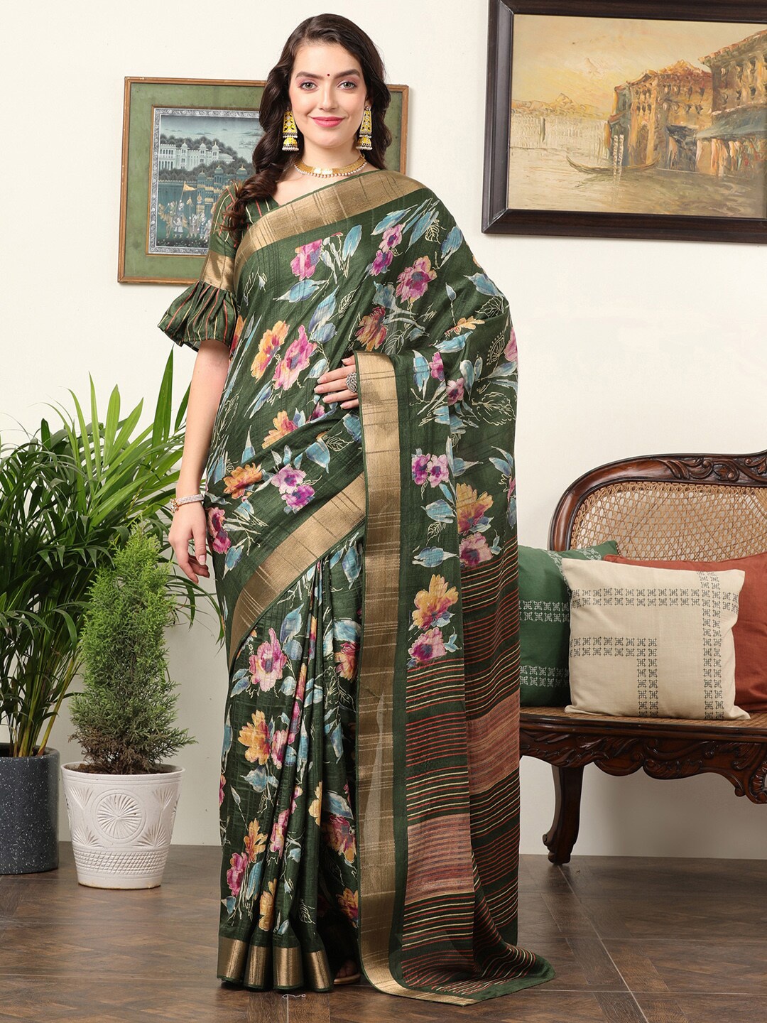 

Mitera Green & Pink Floral Zari Sungudi Saree