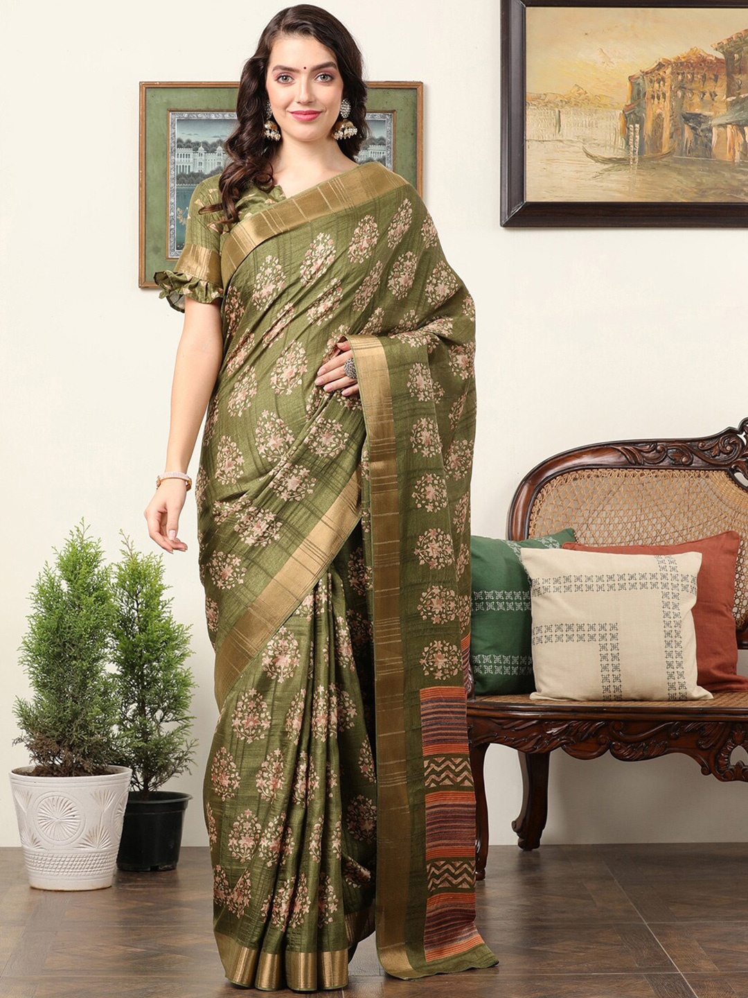 

Mitera Ethnic Motifs Zari Silk Sungudi Saree, Olive