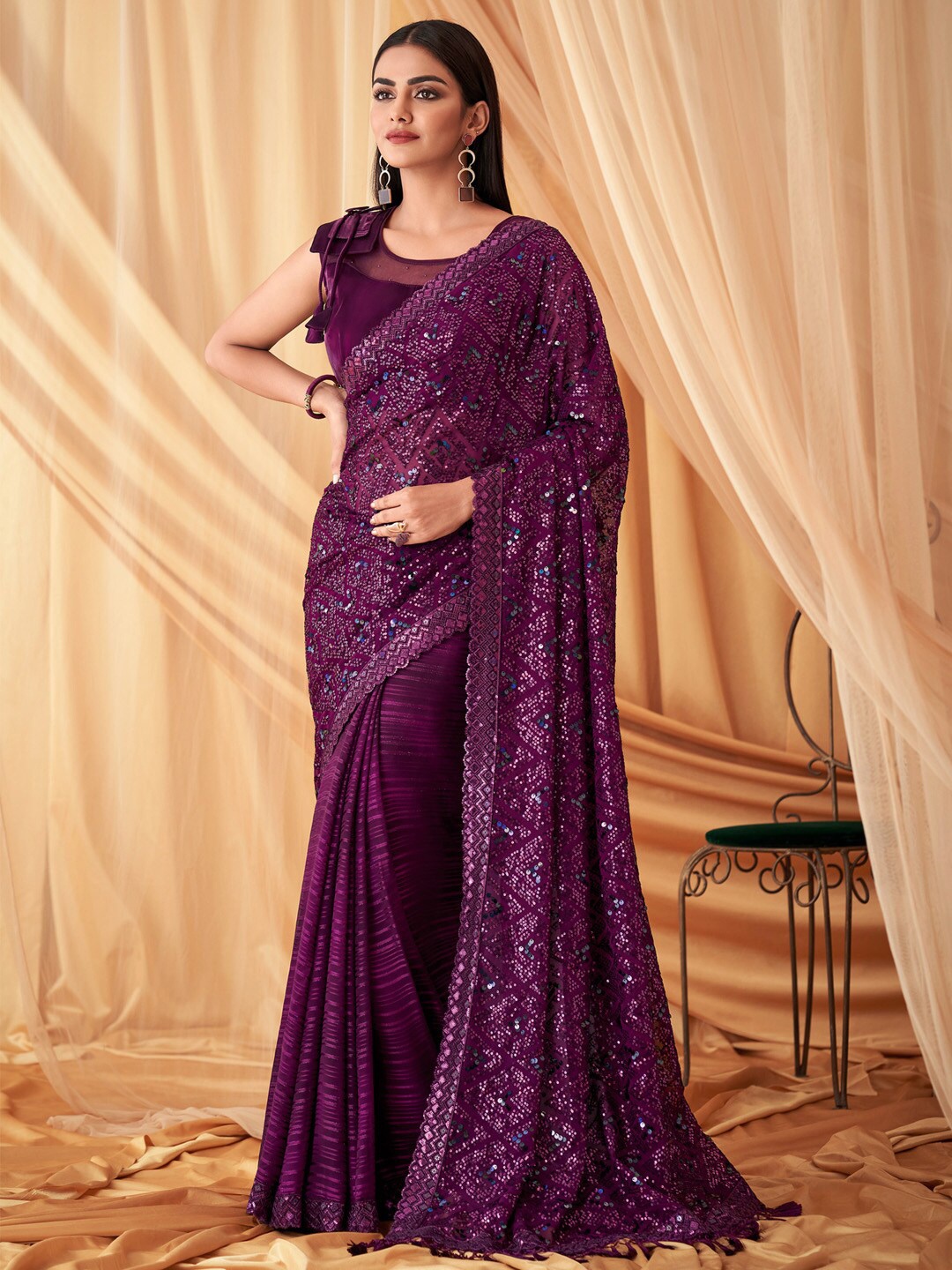 

Mitera Purple Embellished Sequinned Saree