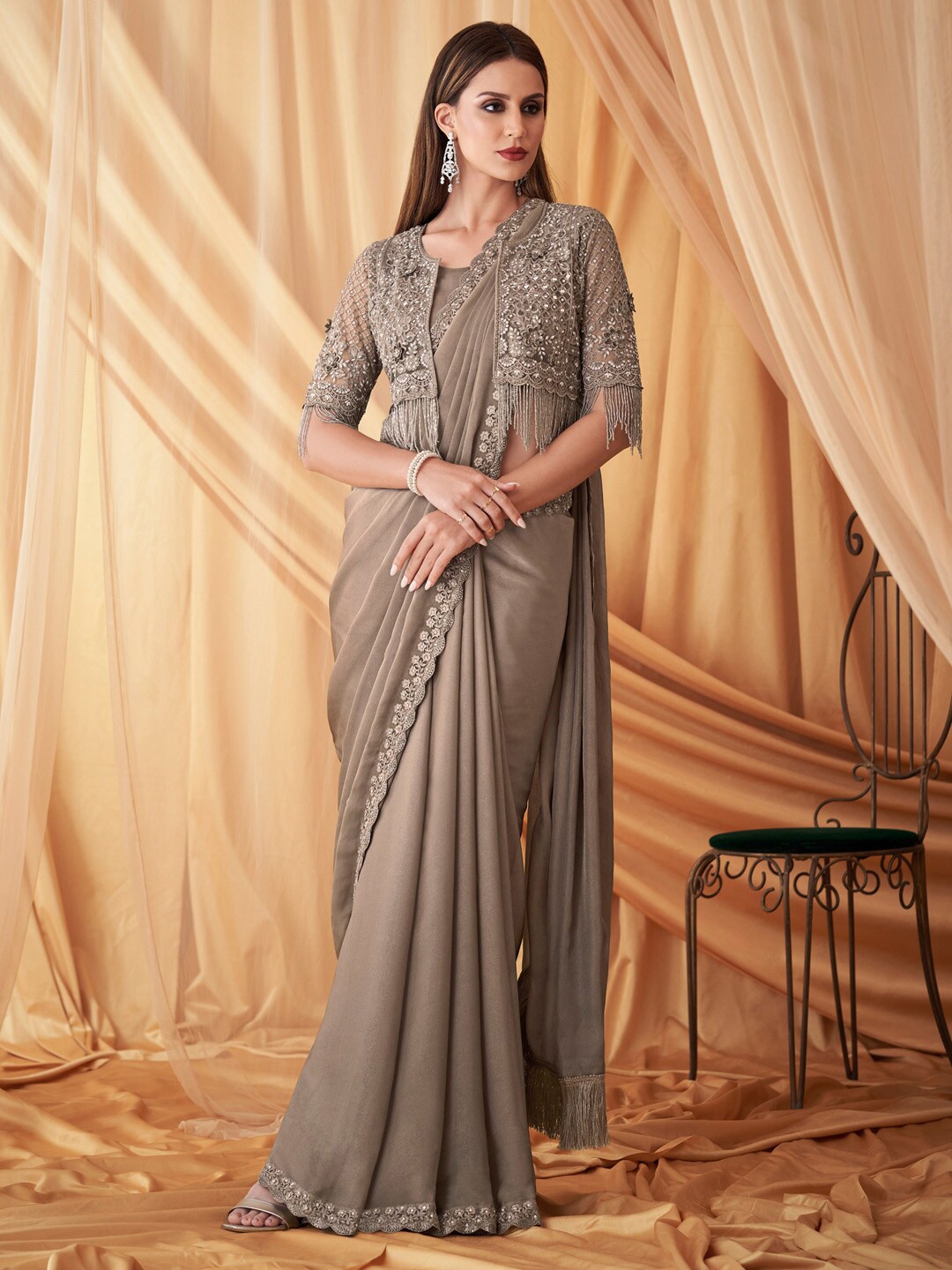 

Mitera Beads & Stones Embellished Pure Georgette Saree with Jacket with Blouse, Grey