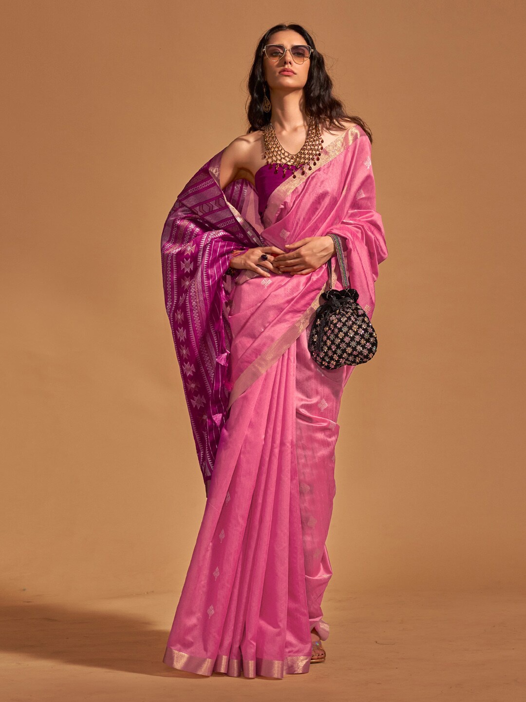 

Mitera Ethnic Motifs Woven Design Zari Banarasi Saree, Pink