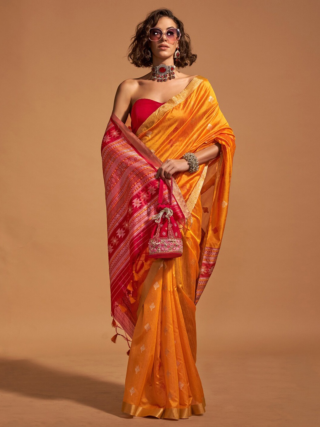 

Mitera Yellow & Red Ethnic Motifs Woven Design Zari Banarasi Saree