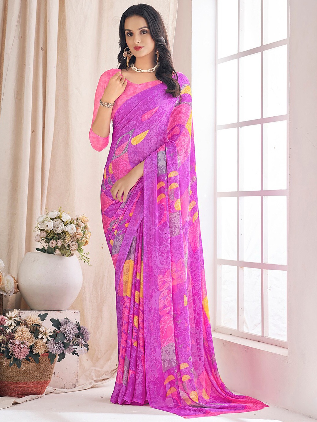 

Mitera Pink & Yellow Floral Bagru Saree