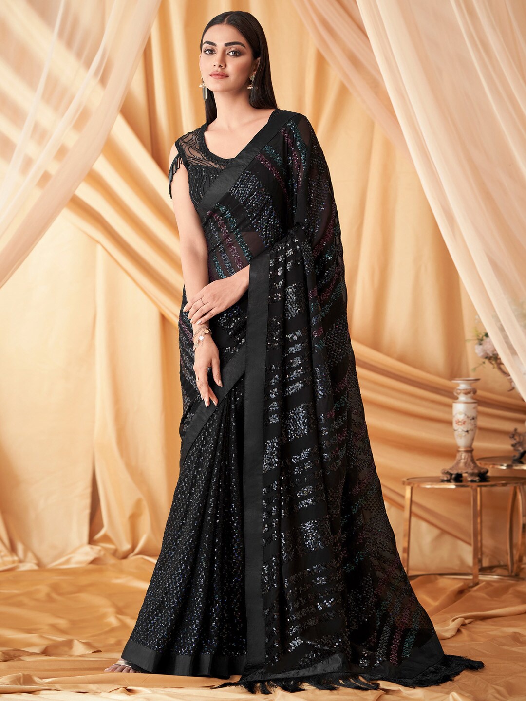 

Mitera Sequinned Embellished Poly Georgette Saree, Black