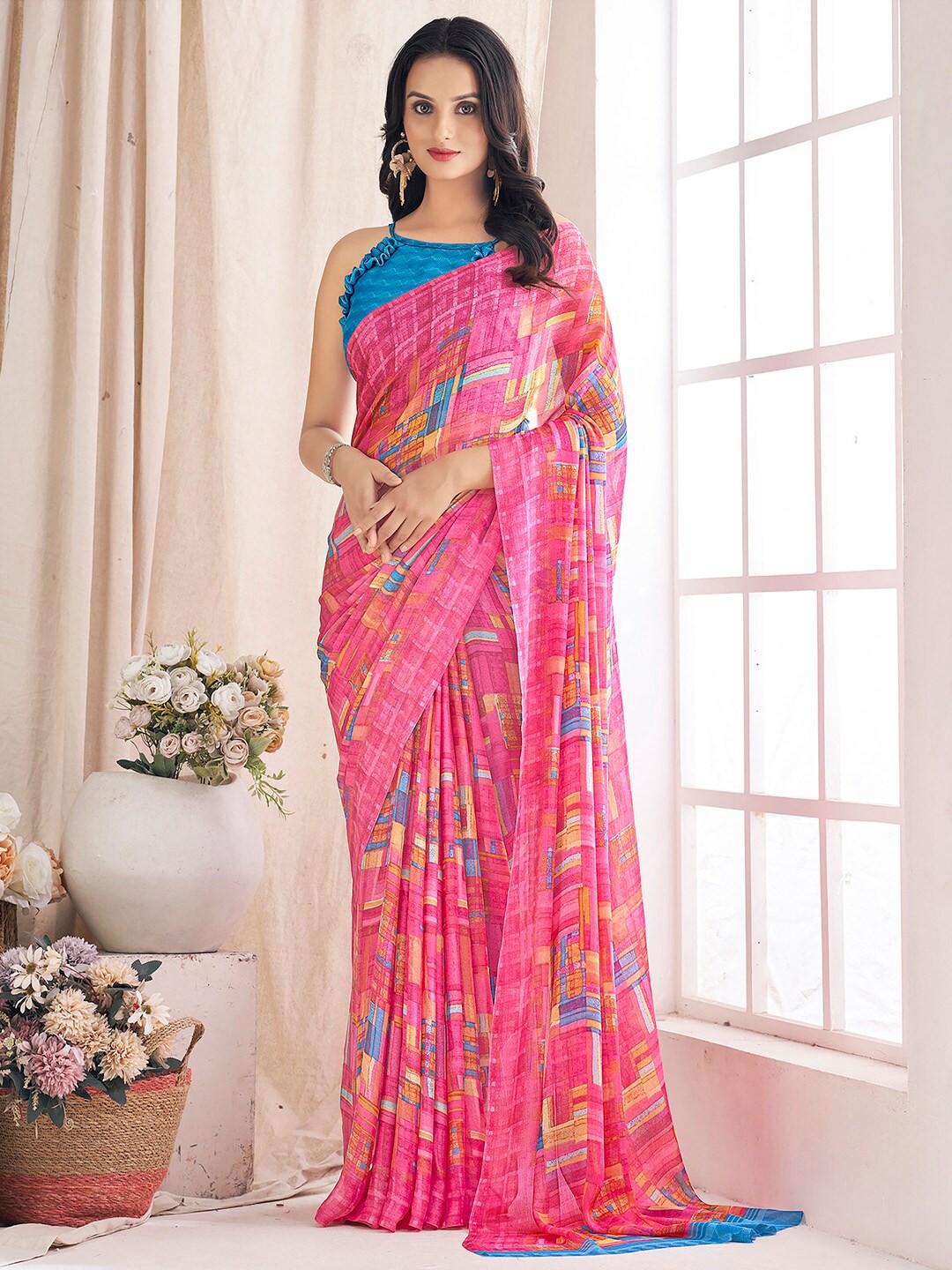 

Mitera Pink & Blue Pure Chiffon Saree